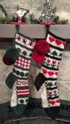 Hand Knit Christmas Stocking Green Red Sampler Hearts Fir Trees Flowers By Santa's Works - thumbnail 2