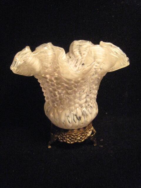 Re-Purposed Victorian Ruffled Trim White Glass Splatters Tri-Footed Votive Candle Holder - image 1