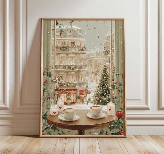 Parisian Christmas Cafe Art Print, Cozy Winter Window Scene, Holiday Coffee & City View Illustration, Warm Festive Wall Decor - image 1
