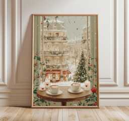 Parisian Christmas Cafe Art Print, Cozy Winter Window Scene, Holiday Coffee & City View Illustration, Warm Festive Wall Decor - thumbnail 1