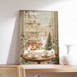 Parisian Christmas Cafe Art Print, Cozy Winter Window Scene, Holiday Coffee & City View Illustration, Warm Festive Wall Decor - thumbnail 2