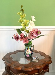 Asian Tropical Silk Purple, White & Green Orchids Floral Arrangement in Art Deco Vase - thumbnail 1