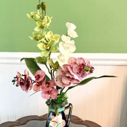 Asian Tropical Silk Purple, White & Green Orchids Floral Arrangement in Art Deco Vase - thumbnail 3