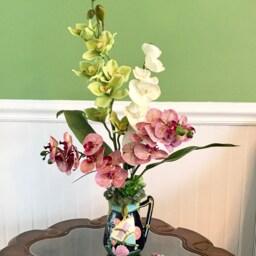 Asian Tropical Silk Purple, White & Green Orchids Floral Arrangement in Art Deco Vase - thumbnail 2