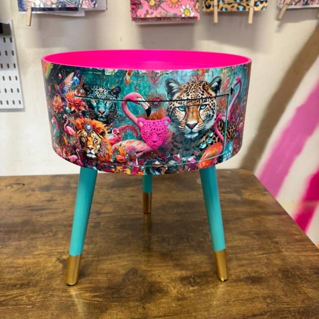 Round Hot Pink Bedside Table, & Mint Leopard Flamingo Design. Wooden Cheetah Side Table With Drawer. Quirky Nightstand Bedroom - image 1