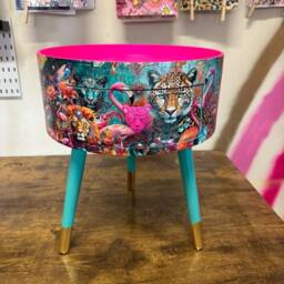 Round Hot Pink Bedside Table, & Mint Leopard Flamingo Design. Wooden Cheetah Side Table With Drawer. Quirky Nightstand Bedroom - thumbnail 1