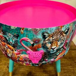 Round Hot Pink Bedside Table, & Mint Leopard Flamingo Design. Wooden Cheetah Side Table With Drawer. Quirky Nightstand Bedroom - thumbnail 4