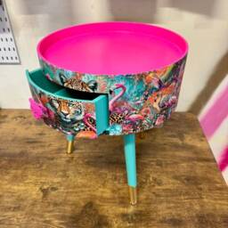Round Hot Pink Bedside Table, & Mint Leopard Flamingo Design. Wooden Cheetah Side Table With Drawer. Quirky Nightstand Bedroom - thumbnail 2