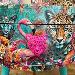 Round Hot Pink Bedside Table, & Mint Leopard Flamingo Design. Wooden Cheetah Side Table With Drawer. Quirky Nightstand Bedroom - thumbnail 3