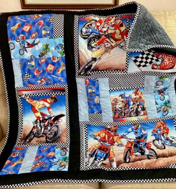 Handmade Motorcycle Patchwork Quilt Speedway & Trials Bikes, Soft Fleece Throw - 41x42 Inch - image 1