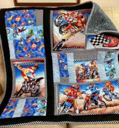 Handmade Motorcycle Patchwork Quilt Speedway & Trials Bikes, Soft Fleece Throw - 41x42 Inch - thumbnail 1