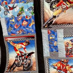 Handmade Motorcycle Patchwork Quilt Speedway & Trials Bikes, Soft Fleece Throw - 41x42 Inch - thumbnail 3