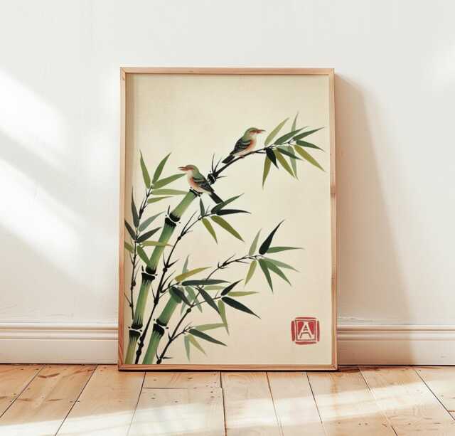 Bamboo Bird Print - Japanese Wall Art Oriental Nature Poster - image 1