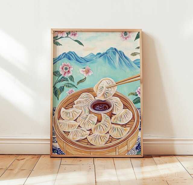Dumpling Wall Art, Asian Food Poster, Bamboo Steamer Kitchen Print - image 1