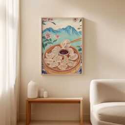 Dumpling Wall Art, Asian Food Poster, Bamboo Steamer Kitchen Print - thumbnail 3