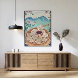 Dumpling Wall Art, Asian Food Poster, Bamboo Steamer Kitchen Print - thumbnail 2