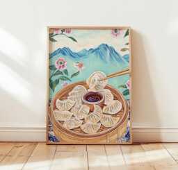 Dumpling Wall Art, Asian Food Poster, Bamboo Steamer Kitchen Print - thumbnail 1