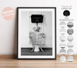 Black & White Fox Red Labrador Retriever Dog On Toilet With Newspaper, Victorian Print, Funny Bathroom Humour - thumbnail 1