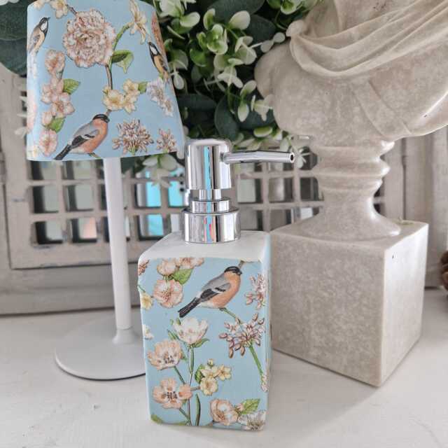 Lovely Duck Egg Blue Bird & Blossom Floral Decoupaged Ceramic Soap Dispenser - image 1