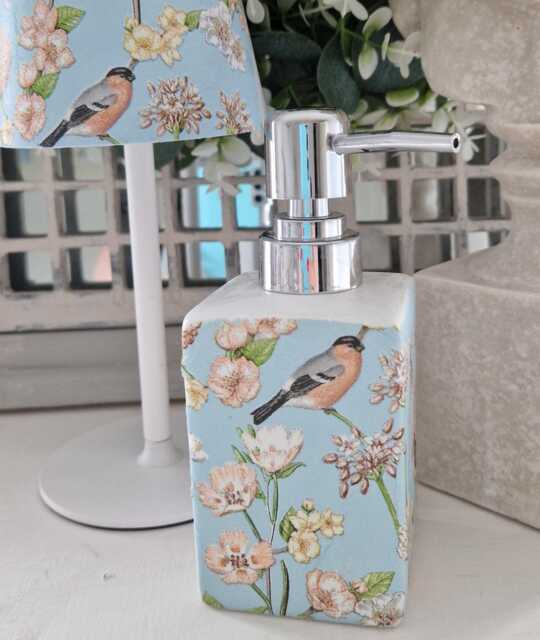 Lovely Duck Egg Blue Bird & Blossom Floral Decoupaged Ceramic Soap Dispenser - image 1