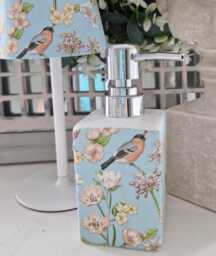 Lovely Duck Egg Blue Bird & Blossom Floral Decoupaged Ceramic Soap Dispenser - thumbnail 1