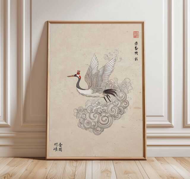 Japanese Crane Wall Art Print, Traditional Bird Poster, Oriental Artwork, Asian Nature Decor - image 1