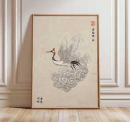 Japanese Crane Wall Art Print, Traditional Bird Poster, Oriental Artwork, Asian Nature Decor - thumbnail 1