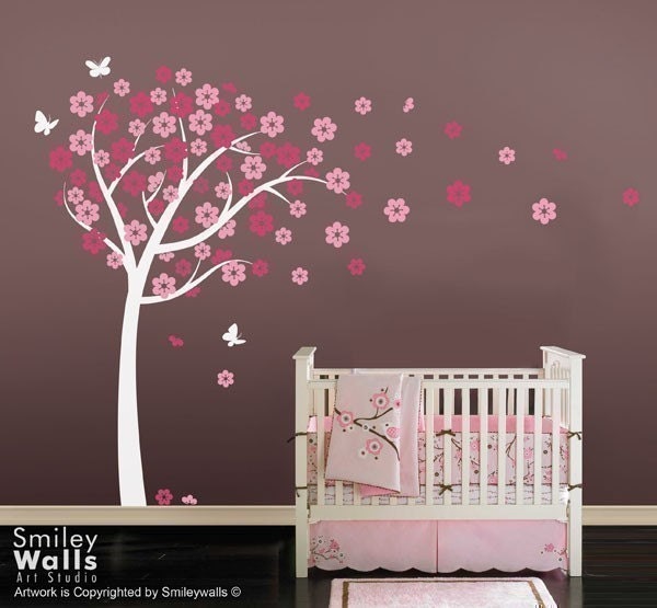 Cherry Blossom Tree Wall Decal, Blooming With Butterflies, Flowers Tree, Kids Baby Nursery Room Decor, Decal Sticker - image 1