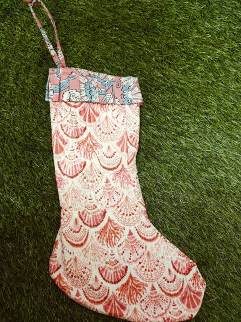 Cotton Quilted Handblock Printed Christmas Stocking - Floral Print in Red & White Santa Decor - image 1