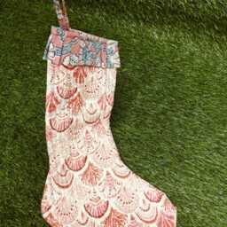 Cotton Quilted Handblock Printed Christmas Stocking - Floral Print in Red & White Santa Decor - thumbnail 3