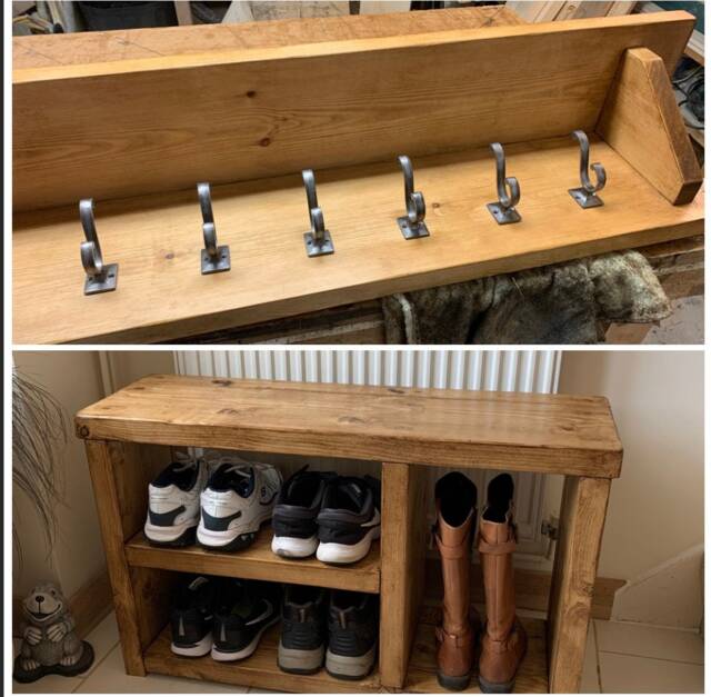 Shoebench Set Solid Wood Rustic Shoe Bench Boot Rack & Coat Hallway Storage Handmade Oak Pine Walnut - image 1