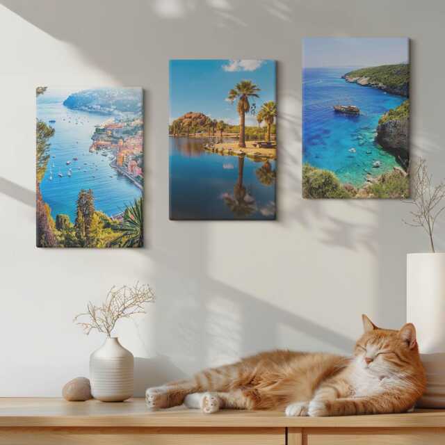 Canvas Art Set Of 3 - Seaside Views With Palm Trees & Blue Water, Print, Landscapes Wall Decor - image 1
