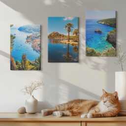 Canvas Art Set Of 3 - Seaside Views With Palm Trees & Blue Water, Print, Landscapes Wall Decor - thumbnail 1