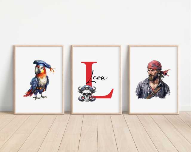 Set Of 3 Personalised Pirates Prints, Sailor Pirate Bedroom Decor, Treasure Room Wall Art, Newborn Nursery Gift Keep Sake - image 1