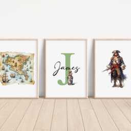 Set Of 3 Personalised Pirates Prints, Sailor Pirate Bedroom Decor, Treasure Room Wall Art, Newborn Nursery Gift Keep Sake - thumbnail 3