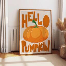 Hello Pumpkin Print, Retro Autumn Wall Home Decor, Fall Decoration, Halloween Art, Cute 2717 - thumbnail 1