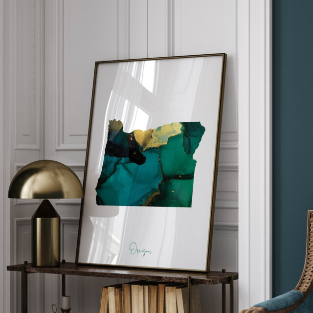 Oregon Map Emerald Green & Gold Wall Art Print - Us State Usa United States Of America - image 1