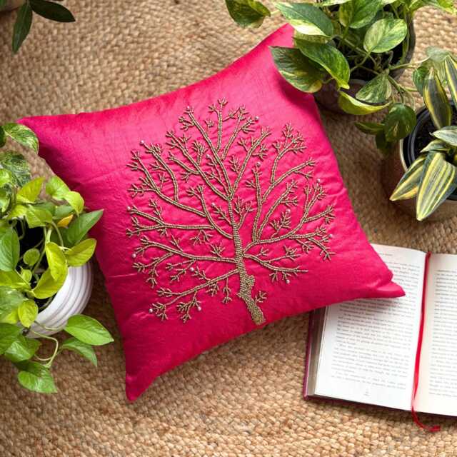 Nature & Floral Pattern Beaded Art Silk Pillow Sham, 24x24/26x26, Contemporary Style Euro Square Pillowcase - Fuchsia Tree Of Life - image 1