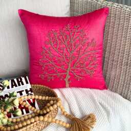 Nature & Floral Pattern Beaded Art Silk Pillow Sham, 24x24/26x26, Contemporary Style Euro Square Pillowcase - Fuchsia Tree Of Life - thumbnail 2