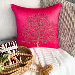 Nature & Floral Pattern Beaded Art Silk Pillow Sham, 24x24/26x26, Contemporary Style Euro Square Pillowcase - Fuchsia Tree Of Life - thumbnail 3