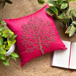 Nature & Floral Pattern Beaded Art Silk Pillow Sham, 24x24/26x26, Contemporary Style Euro Square Pillowcase - Fuchsia Tree Of Life
