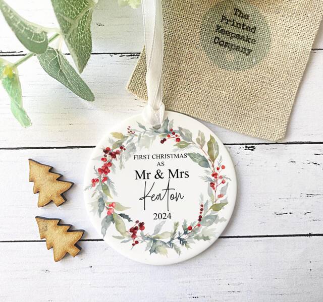 Personalised Mr & Mrs 1st Christmas Bauble, First Married, Ceramic Ornament - image 1