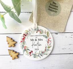 Personalised Mr & Mrs 1st Christmas Bauble, First Married, Ceramic Ornament