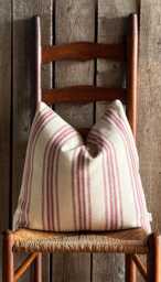 Grain Sack Burgundy Stripe Pillow Cover - Farmhouse 12 Front Solid Beige Back Zipper Closure - thumbnail 1