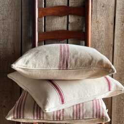 Grain Sack Burgundy Stripe Pillow Cover - Farmhouse 12 Front Solid Beige Back Zipper Closure - thumbnail 2