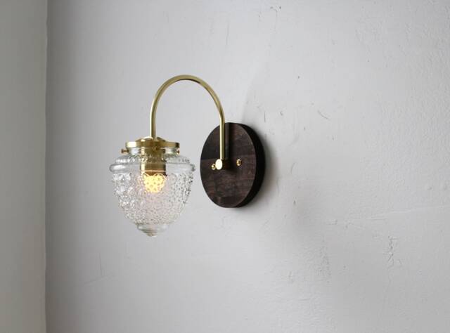 Wall Sconce Lamp, Curved Arm Mid Century Modern Brass & Wood Mounted Lighting Fixture, Textured Acorn Glass Globe, Wire in Or Plug - image 1