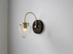 Wall Sconce Lamp, Curved Arm Mid Century Modern Brass & Wood Mounted Lighting Fixture, Textured Acorn Glass Globe, Wire in Or Plug - thumbnail 1