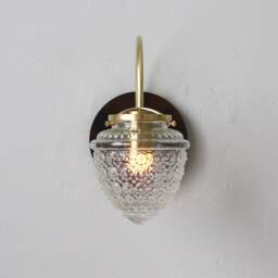 Wall Sconce Lamp, Curved Arm Mid Century Modern Brass & Wood Mounted Lighting Fixture, Textured Acorn Glass Globe, Wire in Or Plug - thumbnail 2