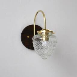 Wall Sconce Lamp, Curved Arm Mid Century Modern Brass & Wood Mounted Lighting Fixture, Textured Acorn Glass Globe, Wire in Or Plug - thumbnail 3