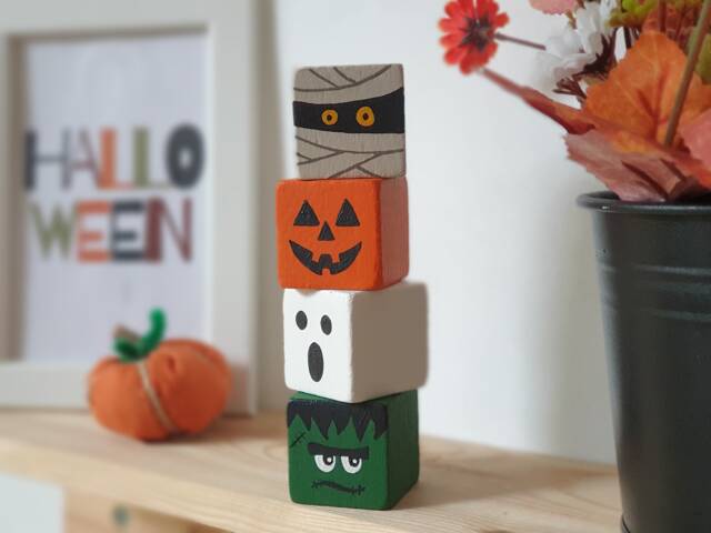 Halloween Wood Block Set, Wooden Tier Tray Cute Home Decor/Pumpkin, Ghost, Mummy & Frankenstein Sign - image 1